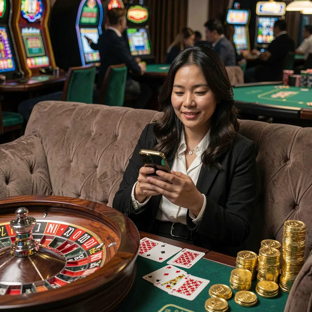 Filipino woman relaxing on a sofa while using the BB56 casino app with floating gold coins roulette wheels and playing cards around her