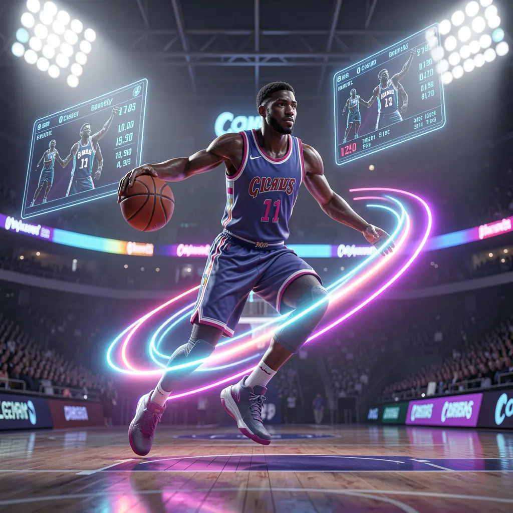 BB56 – Experience next level basketball betting excitement in the Philippines Dynamic neon basketball player surrounded by digital betting elements and glowing stadium lights representing immersive sports betting on BB56 in the Philippines