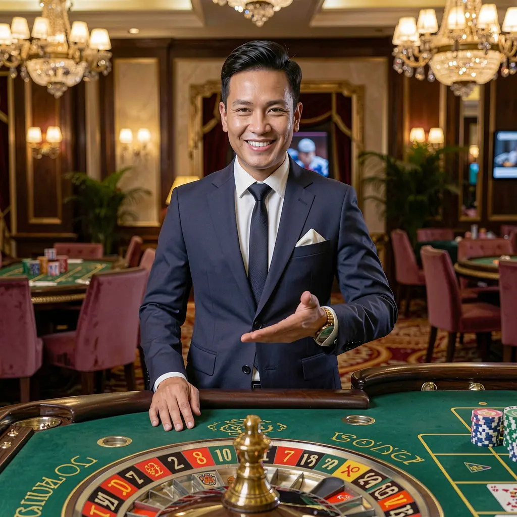 Elegant live casino dealer presenting a roulette table in a luxury studio setting highlighting the premium live gaming atmosphere of BB56 for players in the Philippines