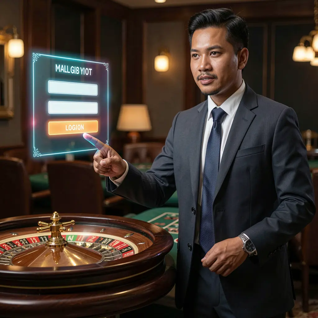 Confident BB56 casino professional activating a digital login panel with a futuristic interface and glowing roulette elements in the background